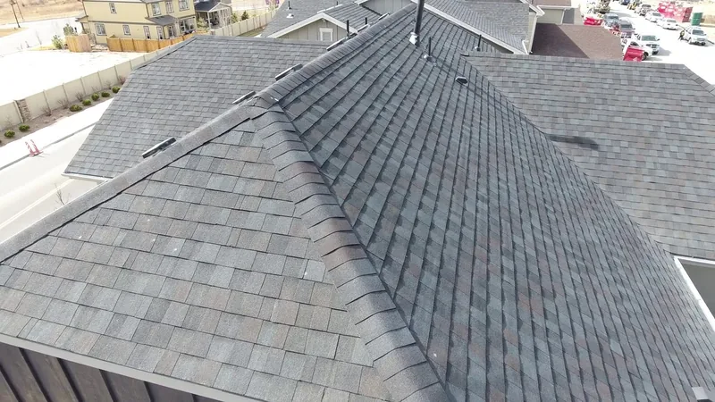 Drone view of an asphalt shingle roof during a Strouse home inspection